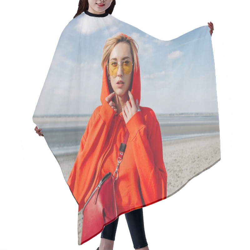 Personality  Beautiful Girl In Red Hoodie Standing On Beach, Saint Michaels Mount, France Hair Cutting Cape