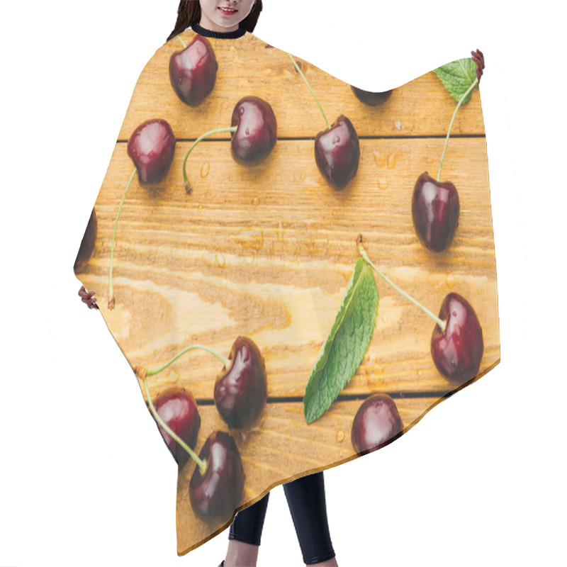 Personality  Top View Of Wet Ripe Sweet Cherries With Green Leaves On Wooden Surface Hair Cutting Cape