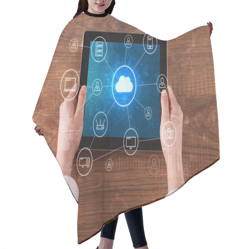 Personality  Hand Using Tablet With Centralized Cloud Computing System Concept Hair Cutting Cape