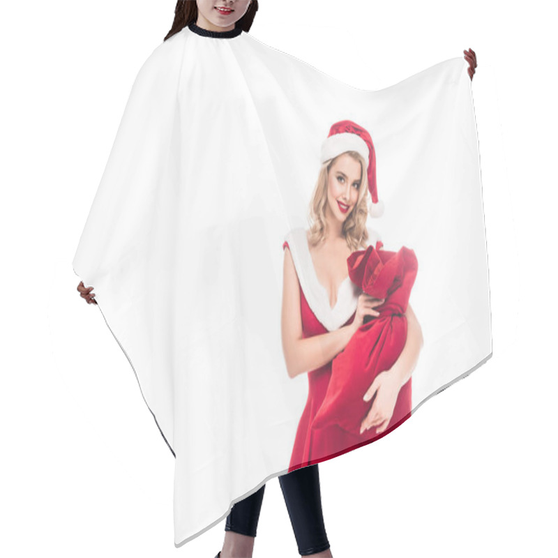 Personality  Attractive Young Woman In Santa Dress Holding Christmas Sack Isolated On White Hair Cutting Cape