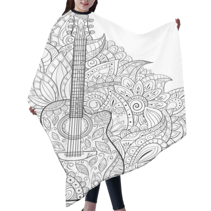 Personality  A Cute Guitar With Ornaments On The Abstract Floral Background Image For Relaxing Activity.A Coloring Book,page For Adults.Zen Art Style Illustration For Print.Poster Design. Hair Cutting Cape