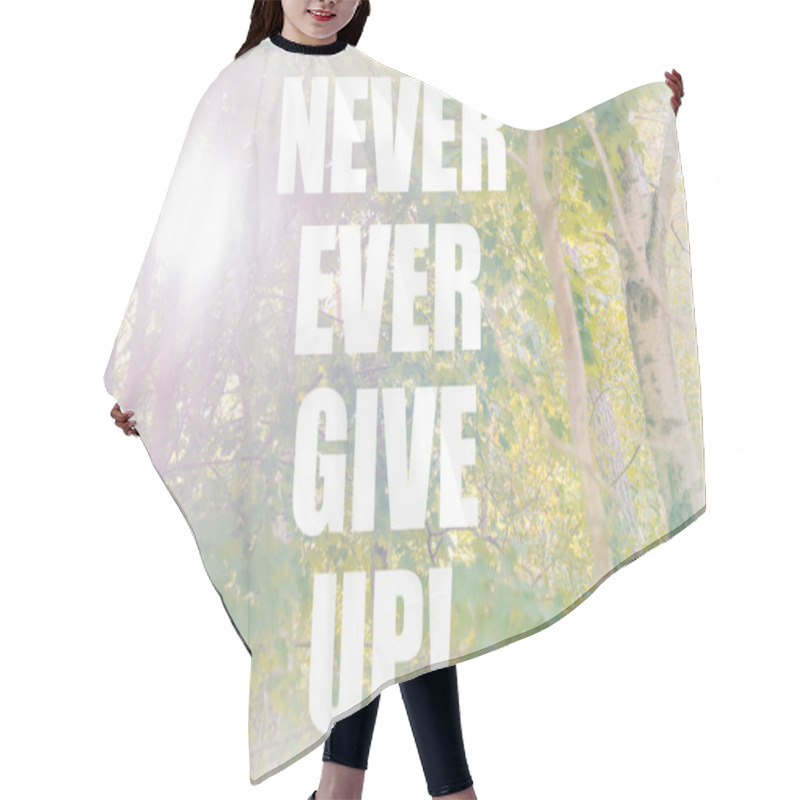 Personality  Never Ever Give Up Motivational Quote On Sunny Forest Background. Green Optimistic Inspirational Typography Quote Hair Cutting Cape