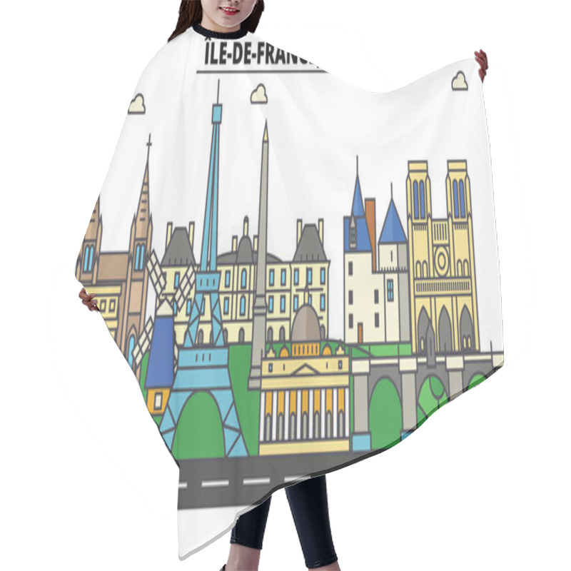 Personality  France, Paris, Ile De France . City Skyline: Architecture, Buildings, Streets, Silhouette, Landscape, Panorama, Landmarks. Editable Strokes. Flat Design Line Vector Illustration Concept. Isolated Hair Cutting Cape