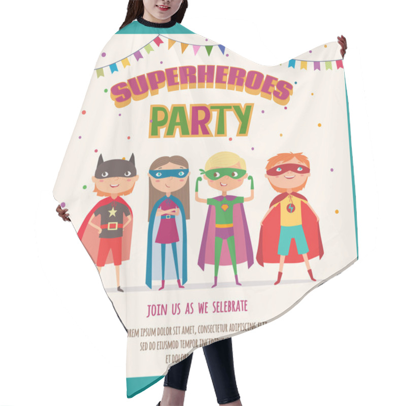 Personality  Superheroes. Card Invitation With Group Of Cute Kids Hair Cutting Cape