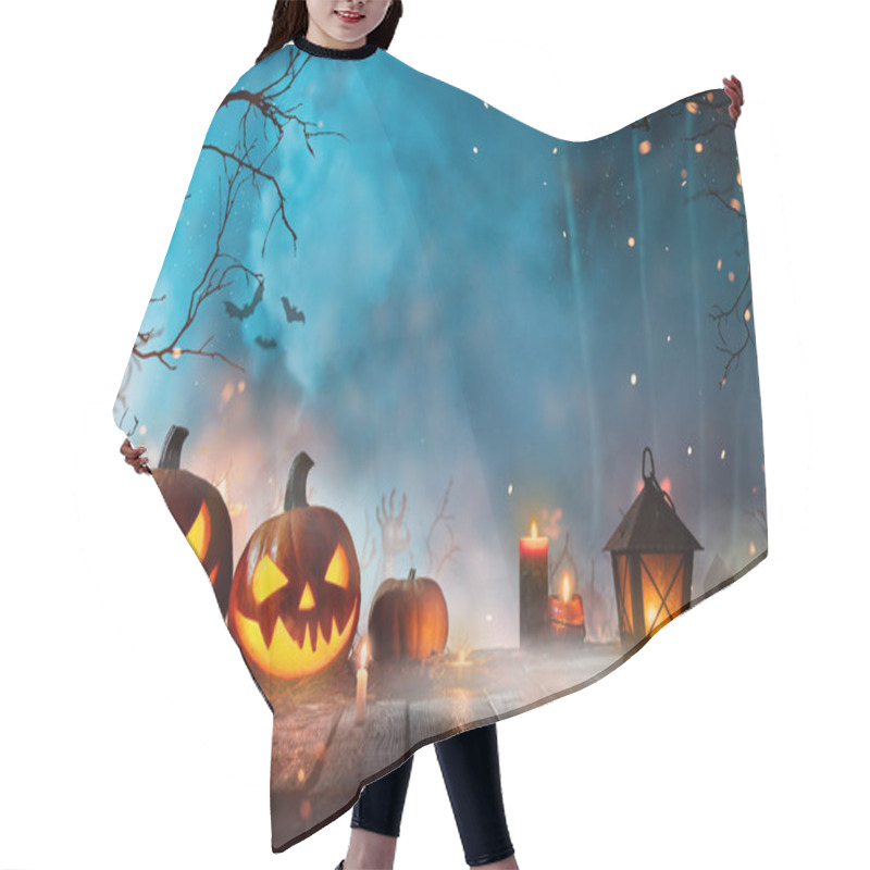 Personality  Halloween Pumpkins On Dark Spooky Forest With Blue Fog In Background. Hair Cutting Cape