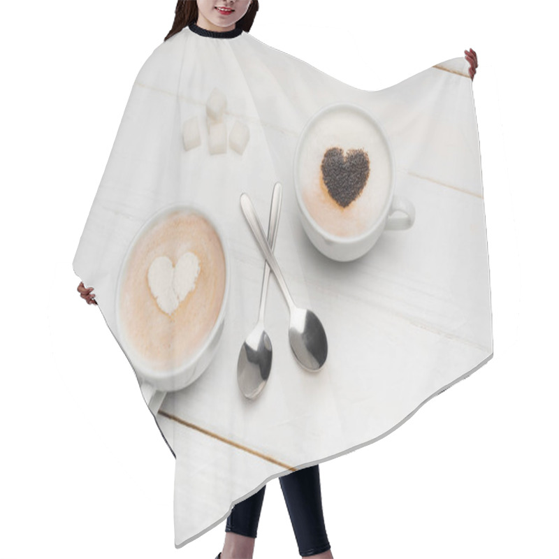 Personality  Top View Of Cups With Cappuccino And Latte Near Spoons And Sugar Cubes On White Wooden Surface  Hair Cutting Cape