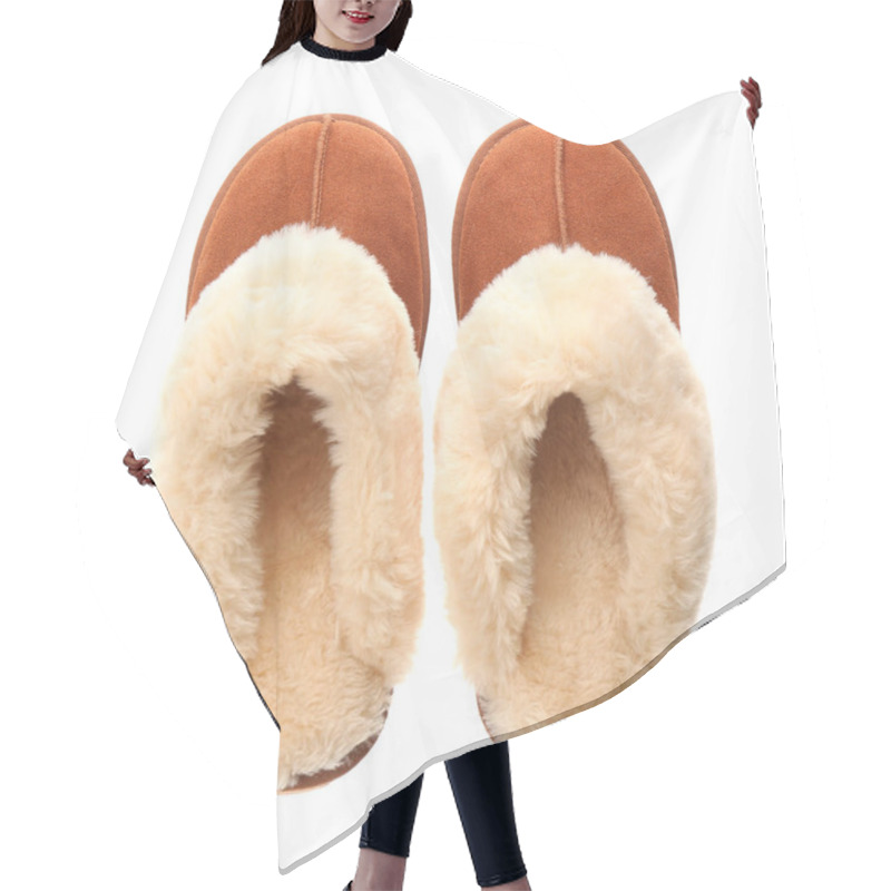 Personality  Stylish Soft Slippers On White Background, Top View Hair Cutting Cape