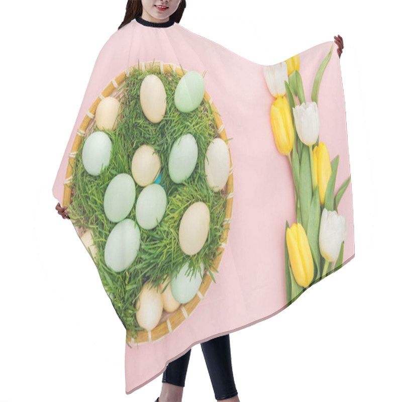 Personality  Top View Of Easter Eggs In Wicker Plate With Grass Isolated On Pink With Tulips  Hair Cutting Cape