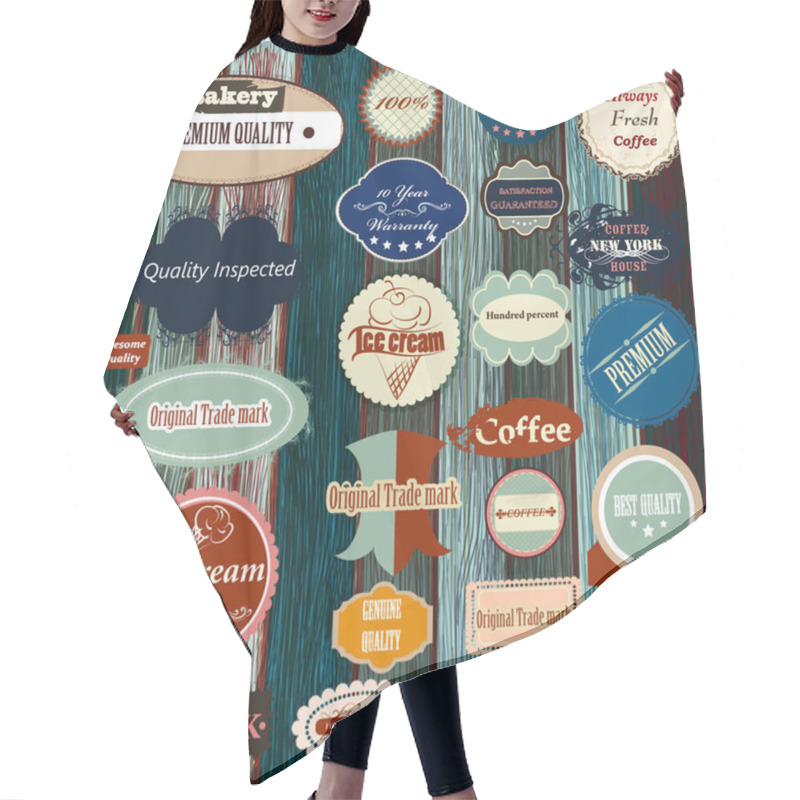 Personality  Collection Of Vector Labels In Retro Style On Grunge Wooden Back Hair Cutting Cape