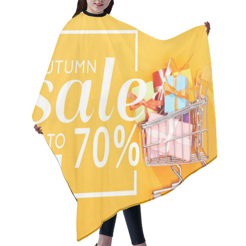 Personality  Top View Of Shopping Cart With Presents On Bright Orange Background With Autumn Sale, Up To 70 Percent Illustration  Hair Cutting Cape