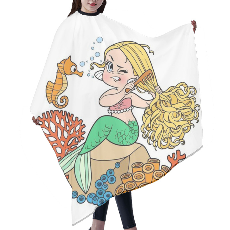 Personality  Cute Little Mermaid Girl Sitting On A Stone And Combing Tangled Hair With A Comb Color Variation For Coloring Page Hair Cutting Cape