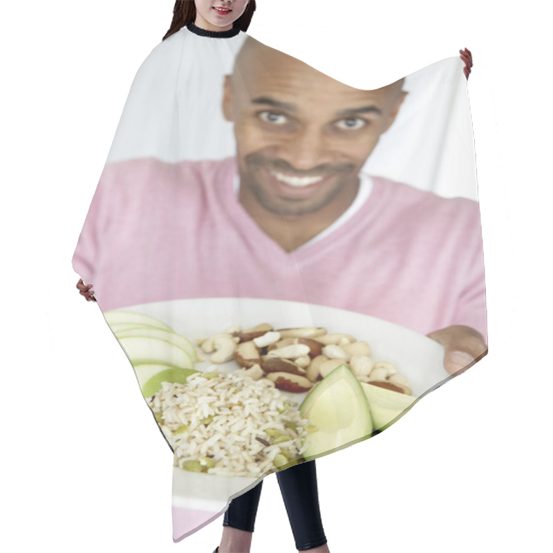 Personality  Middle Aged Man Holding Out A Plate With Healthy Foods Hair Cutting Cape