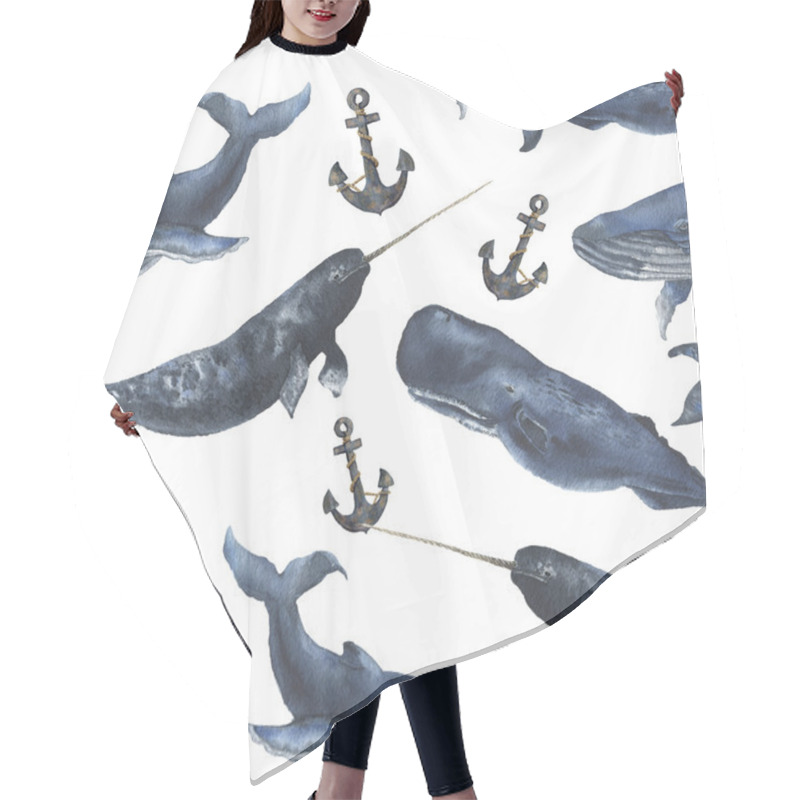 Personality  Watercolor Seamless Pattern With Whales And Anchor. Illustration With Blue Whales, Cachalot And Narwhal Isolated On White Background. For Design, Prints Or Background Hair Cutting Cape