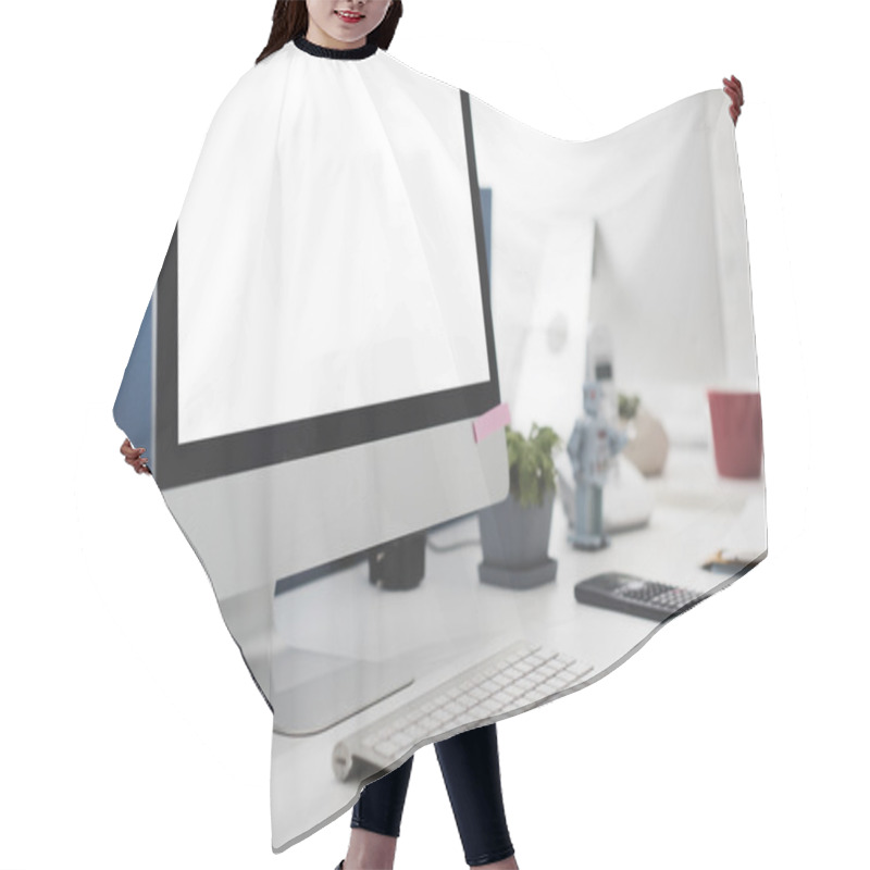 Personality  Computer With Information On Screen Hair Cutting Cape