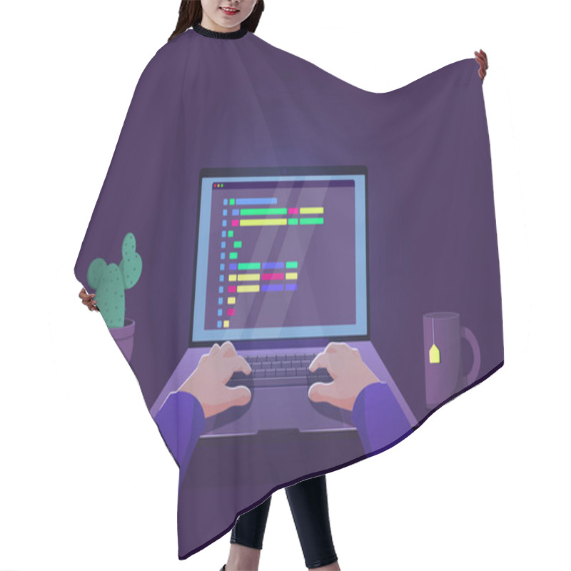 Personality  Man Programmer Working On Computer With Code On Screen Illustration. Hair Cutting Cape