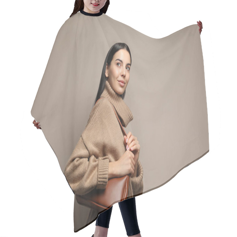 Personality  Fashionable Young Woman With Stylish Bag On Beige Background Hair Cutting Cape