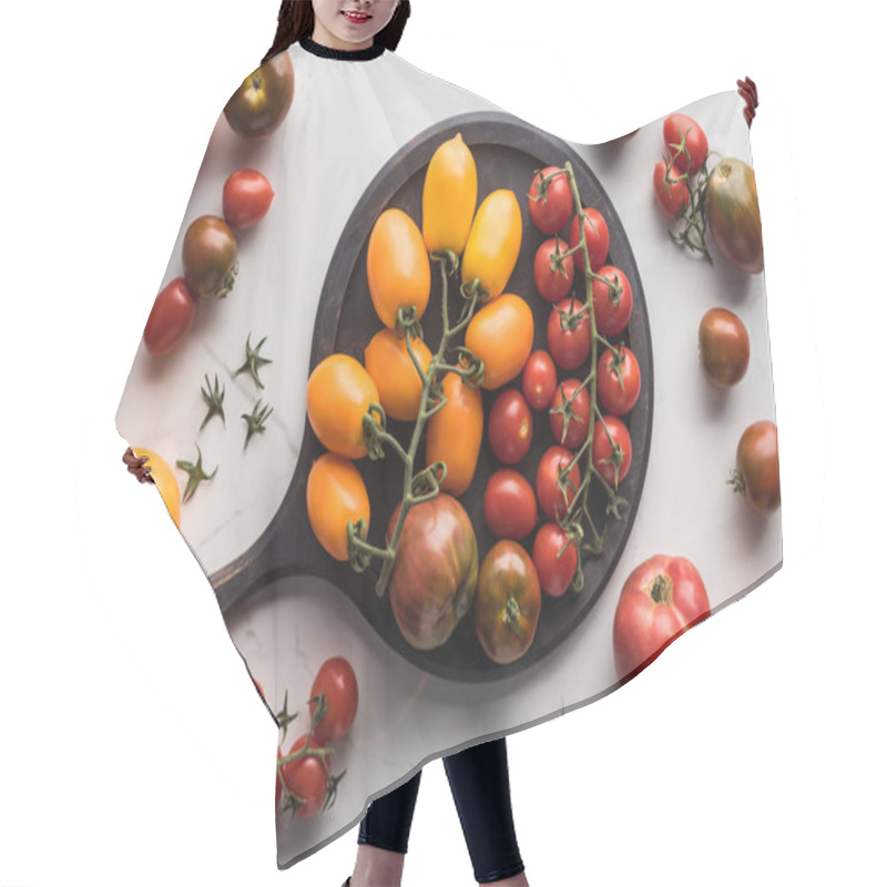 Personality  Top View Of Different Yellow, Red And Cherry Tomatoes On Pizza Pan On Marble Surface  Hair Cutting Cape