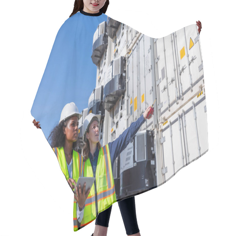 Personality  Female Workers Inspecting And Managing Reefer Container Units At A Shipping Yard, Ensuring Temperature Control For Refrigerated Cargo Hair Cutting Cape