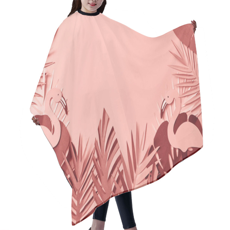 Personality  Top View Of Pink Exotic Paper Cut Palm Leaves And Flamingos On Pink Background With Copy Space Hair Cutting Cape