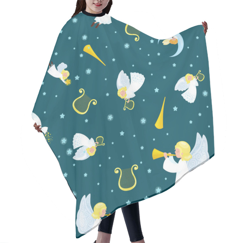 Personality  Christmas Holiday Flying Angel In The Sky With Wings And Golden Trumpet Like Symbol Christian Religion Or New Year Holiday Little Cute Girl On The Moon With Jingle Bells And Stars Vector Illustration. Hair Cutting Cape