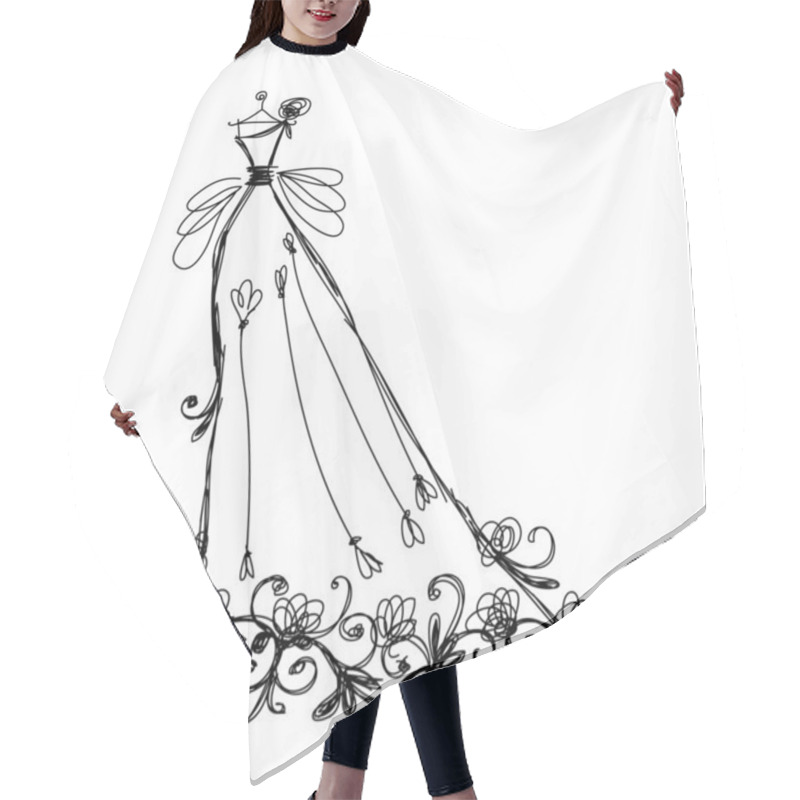 Personality  Sketch Of Bridal Dress With Floral Ornament For Your Design Hair Cutting Cape