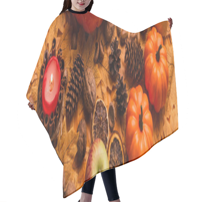 Personality  Burning Candle With Pumpkins And Autumnal Decoration On Golden Foliage, Panoramic Shot Hair Cutting Cape