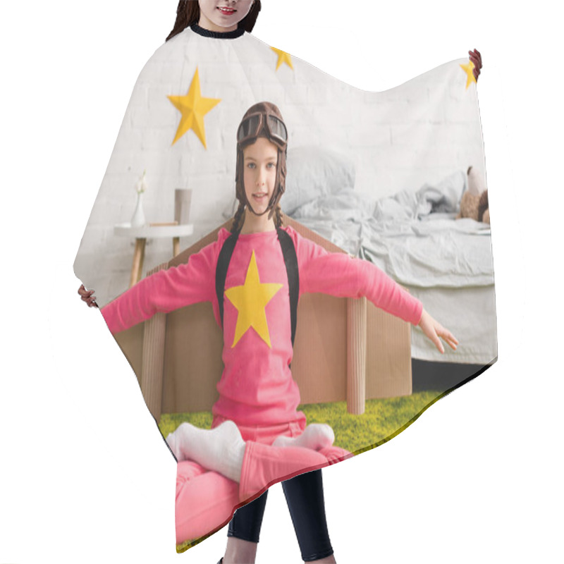 Personality  Inspired Kid In Flight Helmet Sitting In Lotus Pose On Carpet Hair Cutting Cape