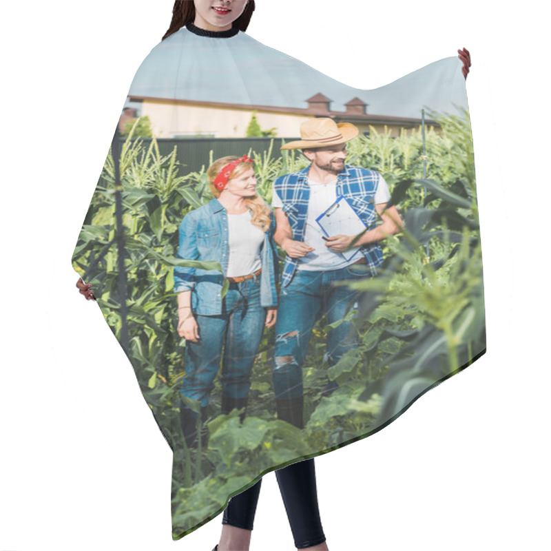 Personality  Couple Of Smiling Farmers Checking Harvest With Clipboard In Field At Farm  Hair Cutting Cape