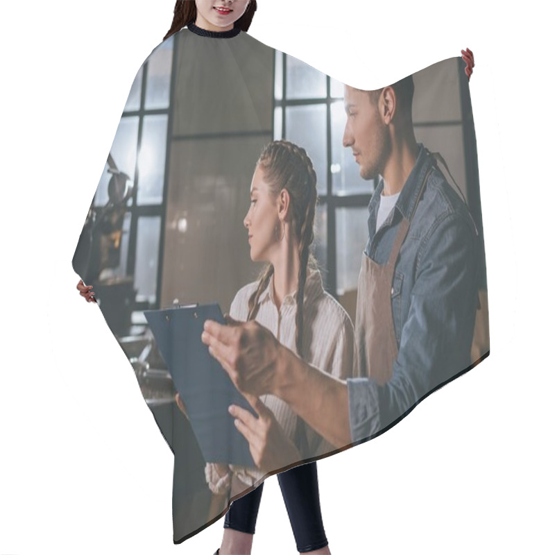 Personality  Portrait Of Coffee Shop Workers Checking Coffee Beans Roasting Process Together Hair Cutting Cape