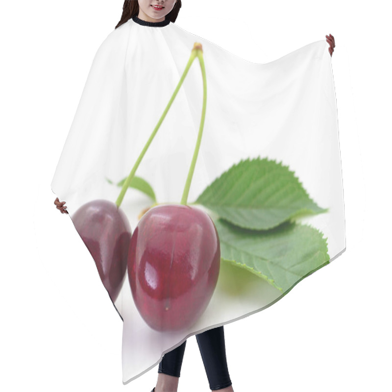 Personality  Two Sweet Cherries With Stem And Leaves On White Background. Hair Cutting Cape