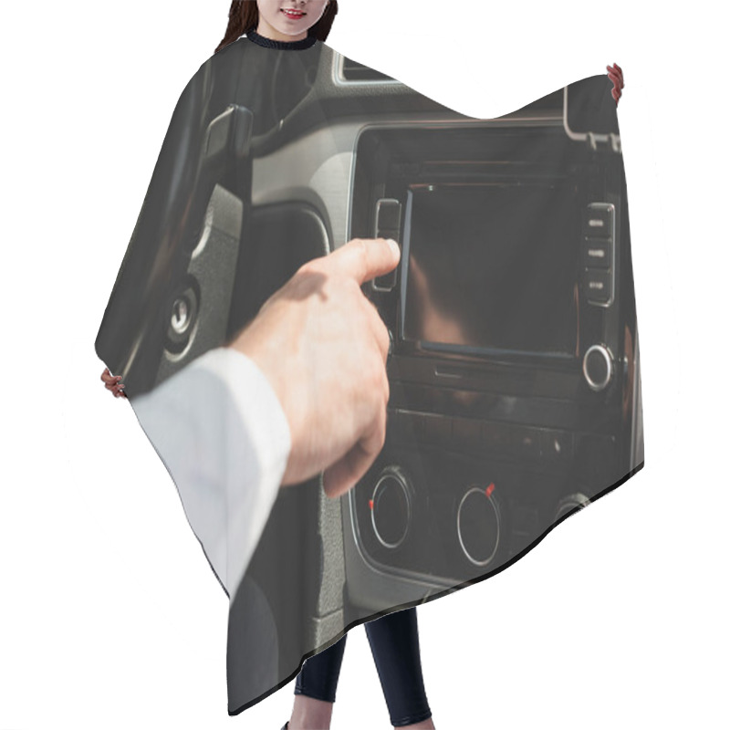 Personality  Cropped View Of Businessman Using Vehicle Audio System In Auto  Hair Cutting Cape