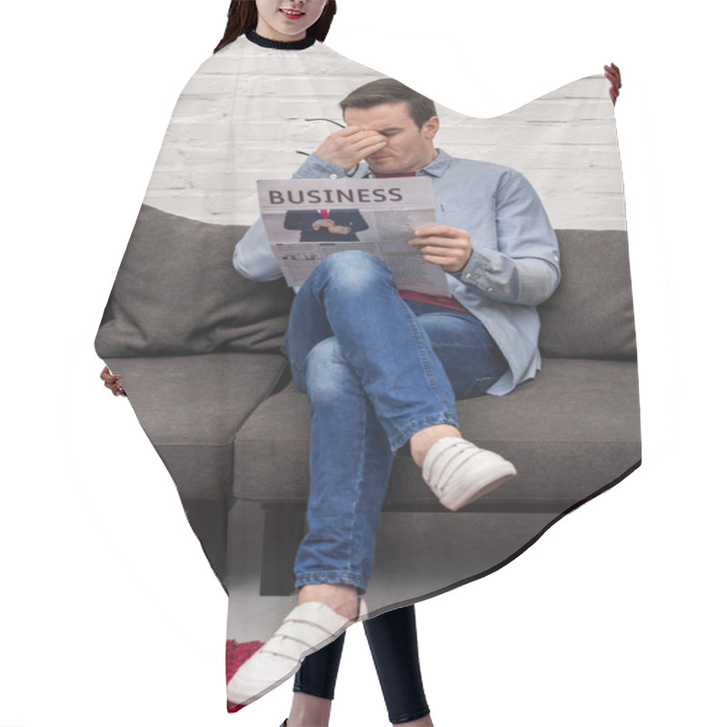 Personality  Exhausted Adult Man Rubbing Eyes While Reading Newspaper Hair Cutting Cape