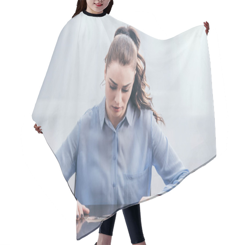 Personality  Upset Woman In Blue Blouse Sitting At Wooden Table With Smartphone And Looking At Photo In Room, Grieving Disorder Concept Hair Cutting Cape