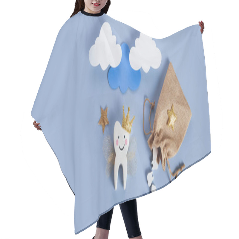 Personality  National Tooth Fairy Day. Children Tooth Fairy. Cute Tooth With Wings, A Crown And A Magic Wand And Bag With Teeth. Hair Cutting Cape