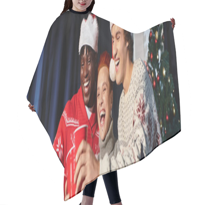 Personality  Coworkers Celebrate Christmas Together, Sharing Laughter And Festive Drinks In The Office. Hair Cutting Cape