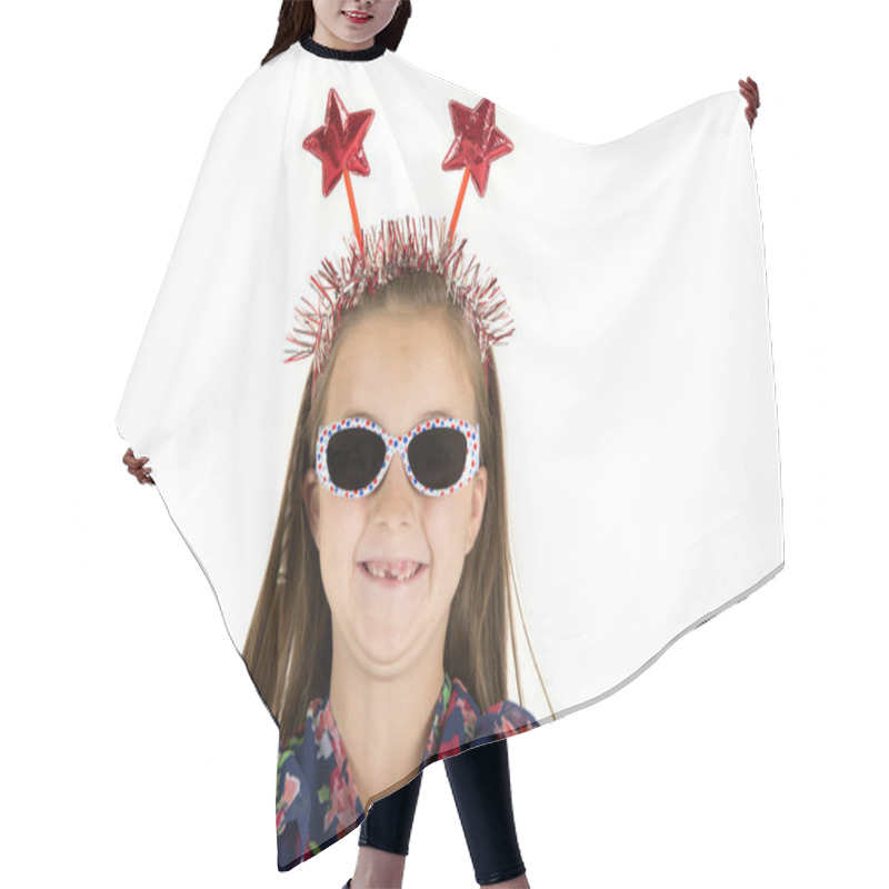 Personality  Girl Missing Front Teeth With Patriotic Red Star Headband Hair Cutting Cape