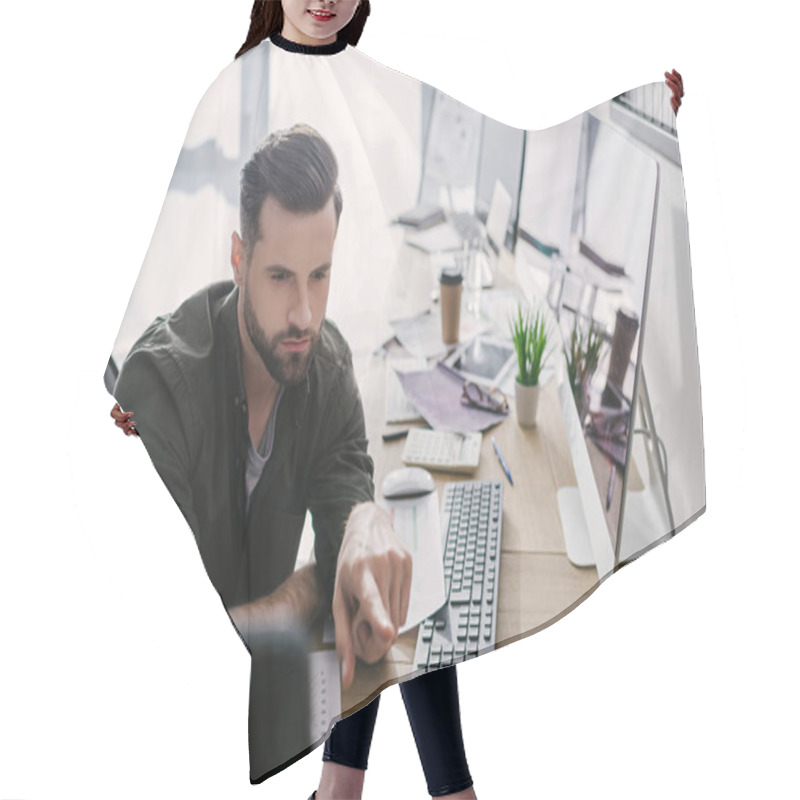 Personality  Selective Focus Of Data Analyst Pointing On Computer Monitor While Working In Office  Hair Cutting Cape