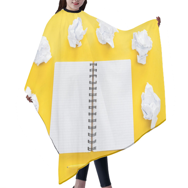 Personality  Blank Spiral Notebook And Crumbled Paper Balls On Yellow Background Hair Cutting Cape