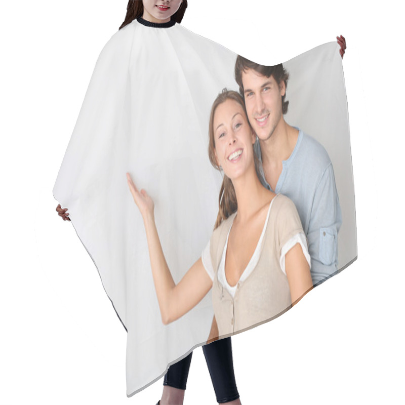 Personality  Young Couple On White Background Designating Message Hair Cutting Cape