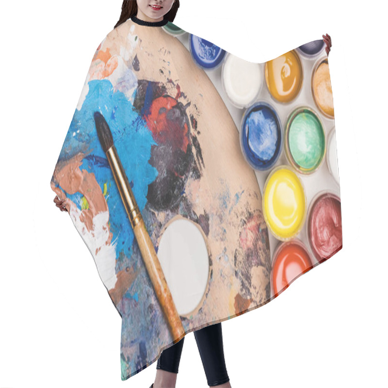 Personality  Top View Of Palette With Gouache Paints And Paintbrush Hair Cutting Cape