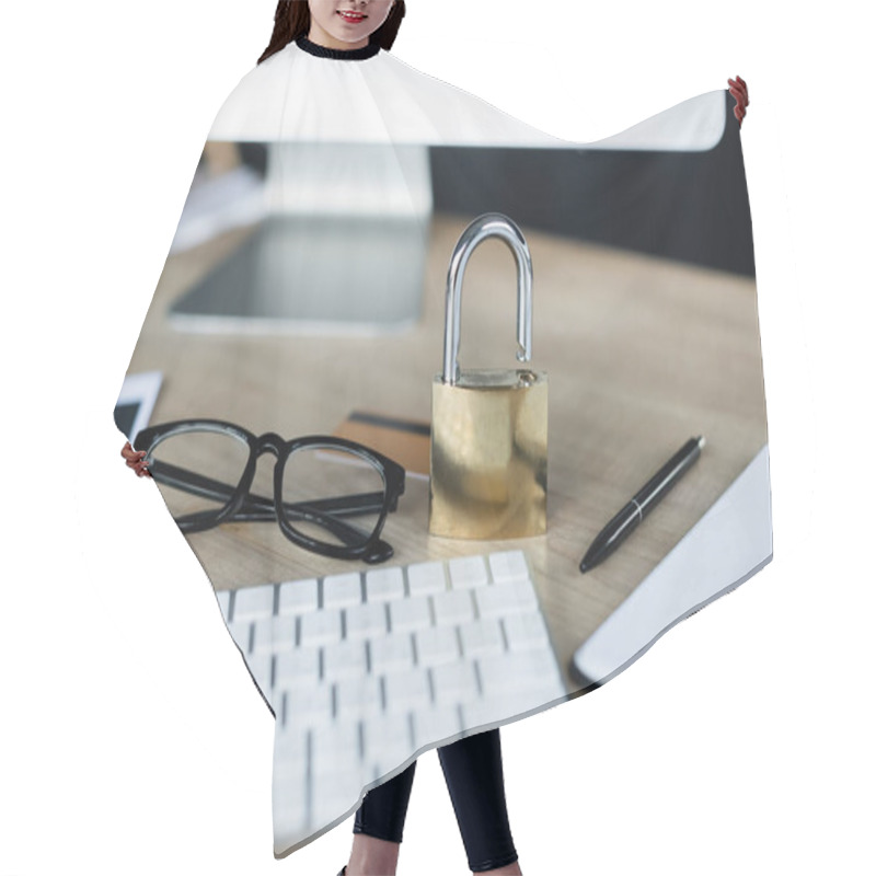 Personality  Padlock Near Eyeglasses And Computer On Table In Office  Hair Cutting Cape