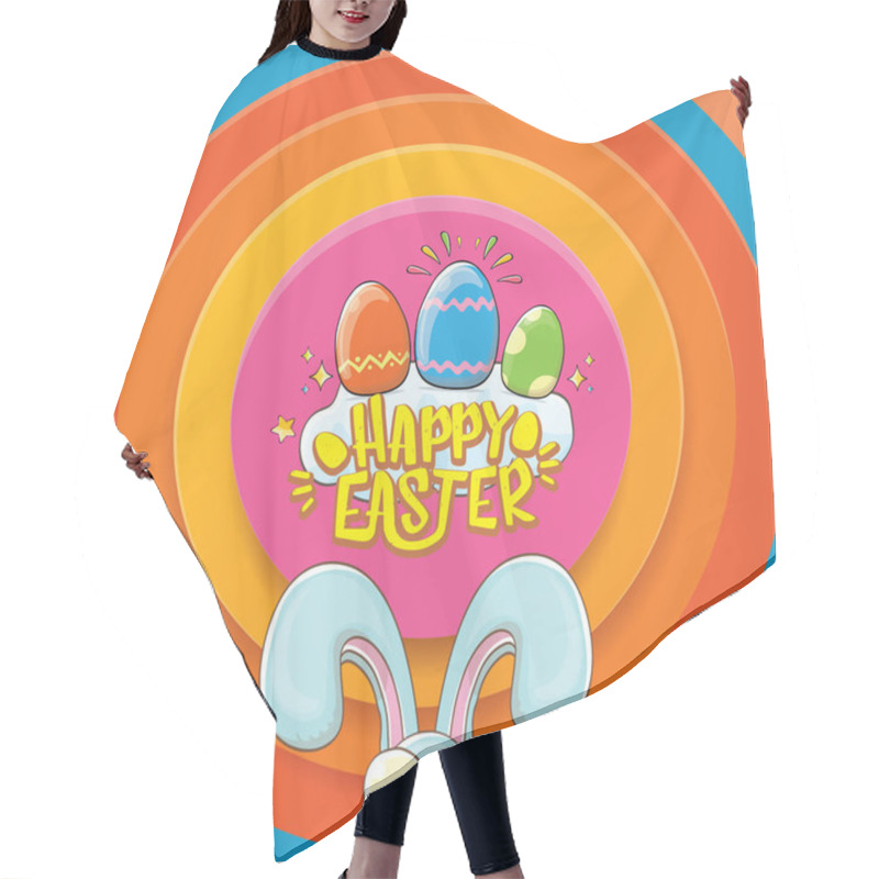 Personality  Happy Easter Greeting Card Wtih Bunny, Calligraphic Text, Clouds , Rainbow And Color Easter Eggs. Vector Easter Kids Cartoon Poster Hair Cutting Cape