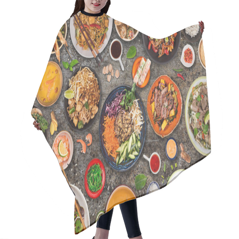 Personality  Asian Food Background With Various Ingredients On Rustic Stone Background , Top View. Hair Cutting Cape