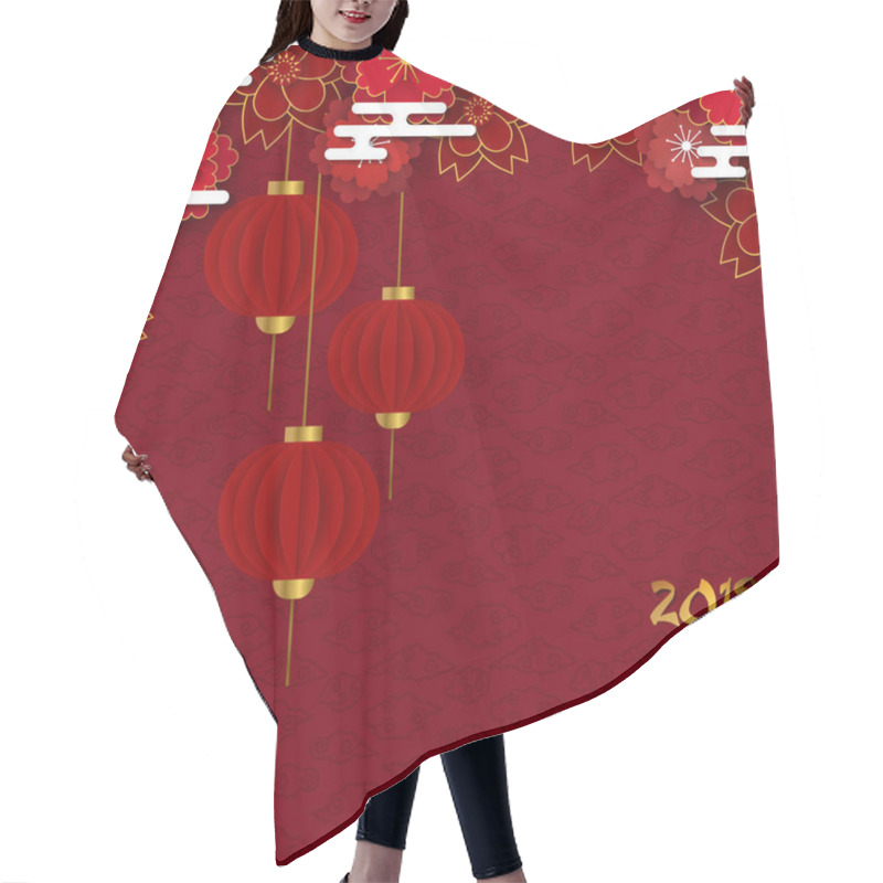 Personality  Chinese New Year Of The Pig 2019 Illustration. Red Background With Traditional Asian Lanterns And Plum Blossom Flowers In Gold Layered Paper.  Hair Cutting Cape