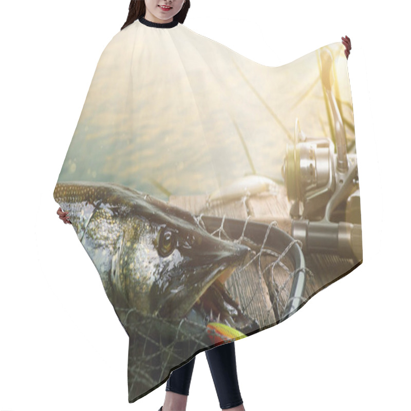 Personality  Summer Fishing Background. Fishing Lure And Trophy Pike Hair Cutting Cape