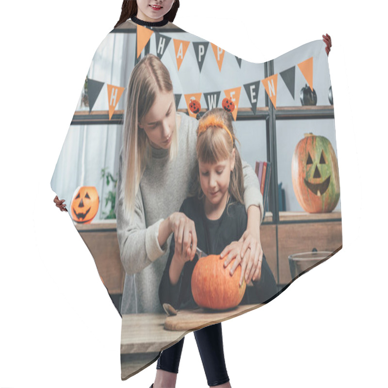 Personality  Young Woman Helping Little Sister In Halloween Costume Carving Pumpkins At Home Hair Cutting Cape