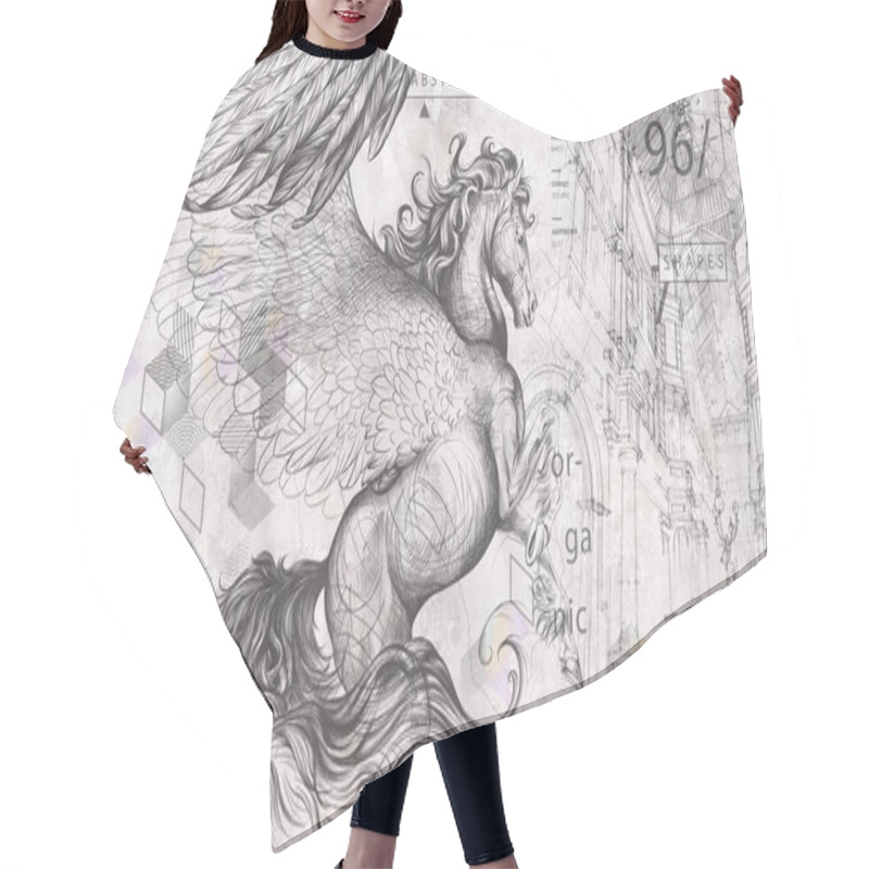 Personality  Beautiful Graphic Drawn Pegasus With Wings And Geometry On A Grey Concrete Grunge Wall. Design For Wallpaper, Photo Wallpaper, Mural, Card, Postcard. Illustration In The Loft, Classic, Modern Style. Hair Cutting Cape