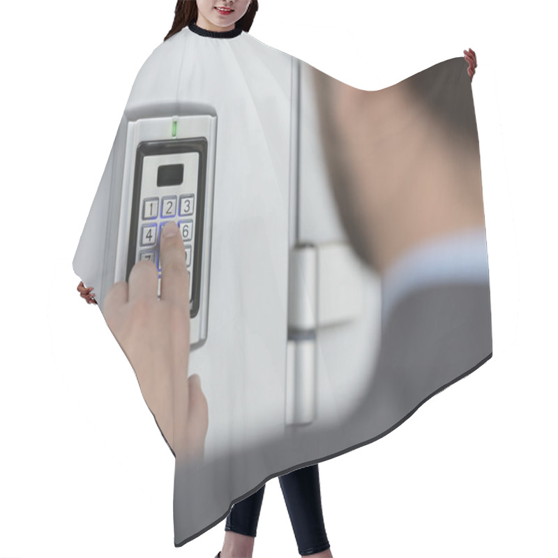 Personality  Close Up Of Businessman Hand Entering Security System Code Hair Cutting Cape