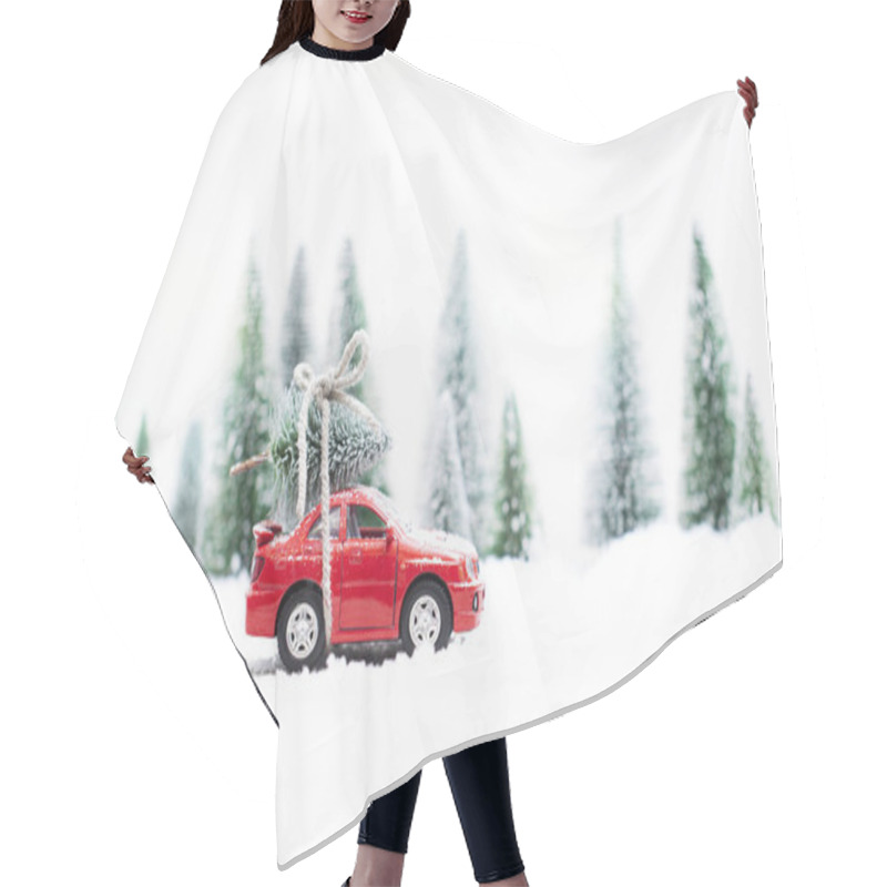 Personality  Snowy Winter Forest With Miniature Red Car Carrying Christmas Tree And Presents Hair Cutting Cape