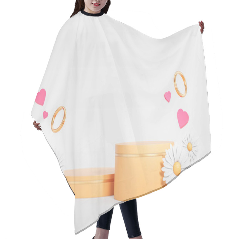 Personality  Yellow Podium Surrounded By Daisies, Pink Hearts, And Golden Rings, Placed On A White Background. 3D Rendering Concept Of Celebration And Romance Hair Cutting Cape